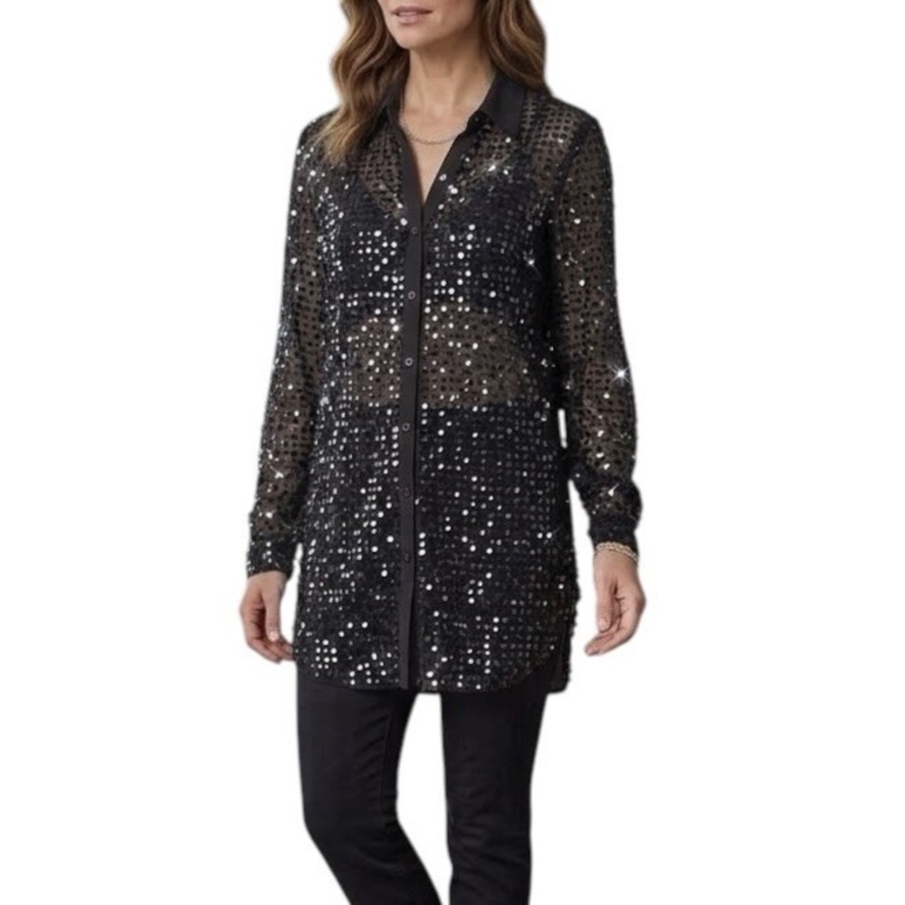 COLLEEN LOPEZ Black Sequin Button-Up Tunic sz L Holiday New Year Party Festive